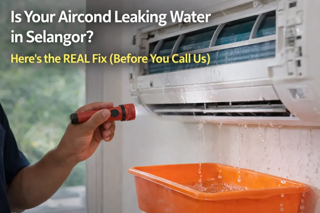 Air conditioner leaking water indoors in Selangor with technician inspecting the unit