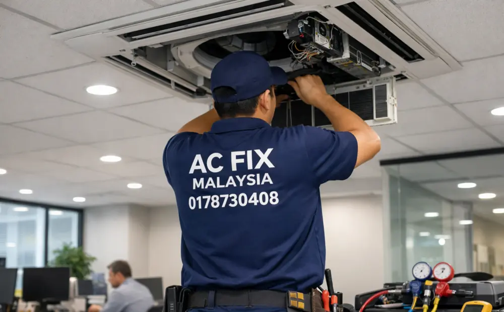 Professional technician performing office aircon maintenance in Kuala Lumpur office - ACFix certified service