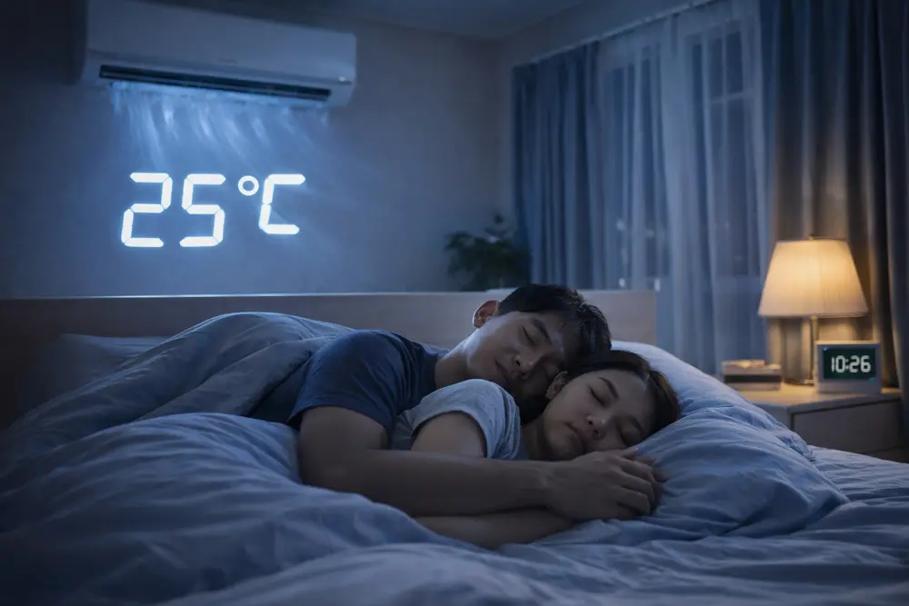 Best aircon temperature for sleeping in Malaysia set at 25°C in modern bedroom with couple sleeping comfortably
