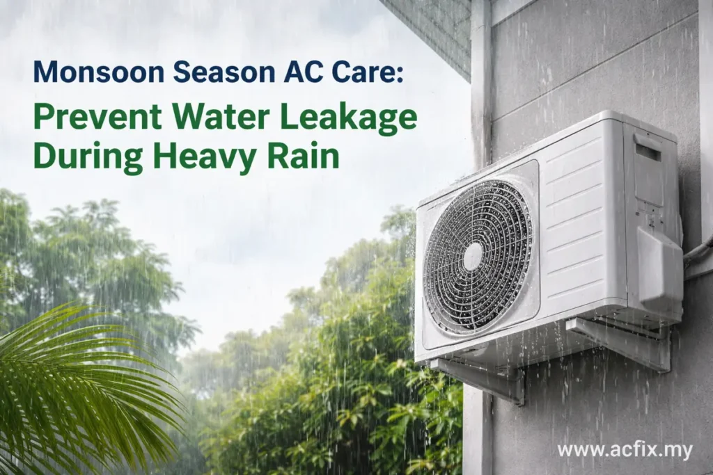 Outdoor air conditioner unit in heavy rain showing Monsoon AC Care Malaysia to prevent water leakage during rainy season