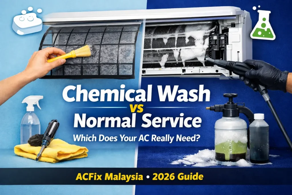 Split comparison of aircon chemical wash vs normal service showing clean filter on left and deep chemical cleaning foam on right for Malaysian homes