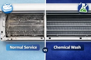 Side by side comparison of normal service vs chemical wash results for air conditioner cleaning