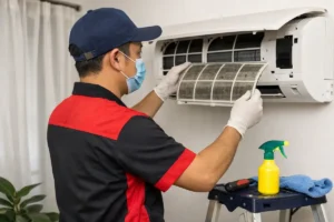 Technician performing normal aircond service cleaning filter in Malaysian home