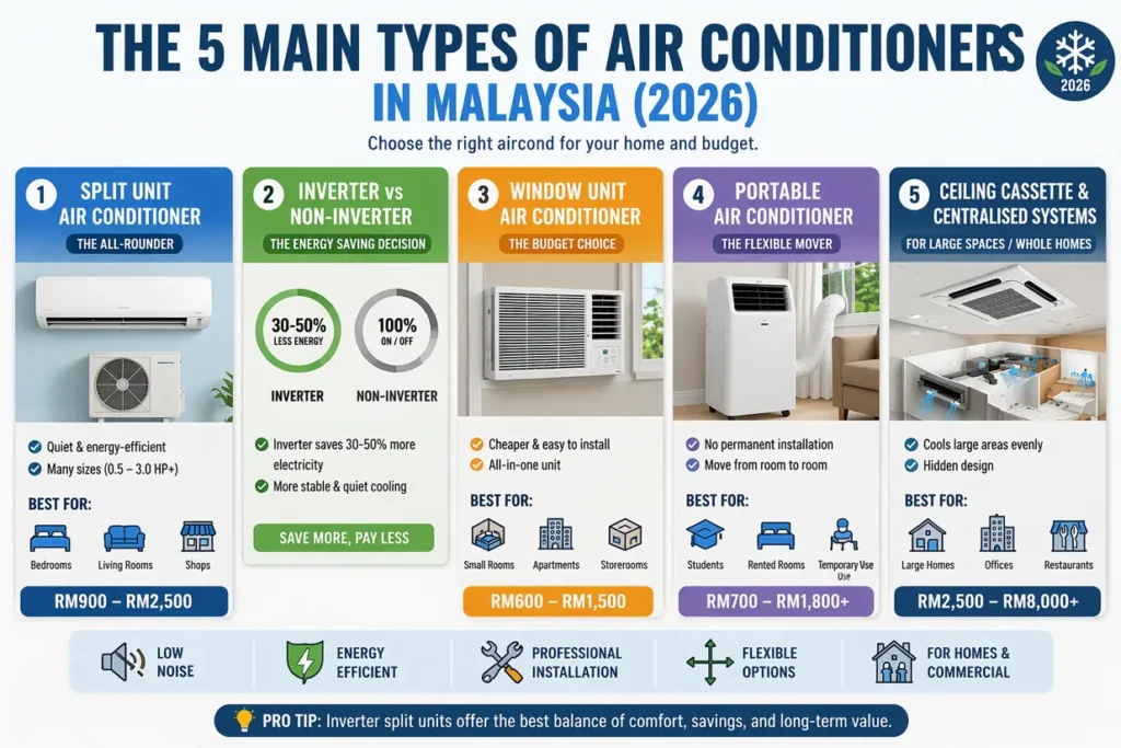 Five main types of air conditioners in Malaysia including split, inverter, window, portable, and ceiling cassette systems