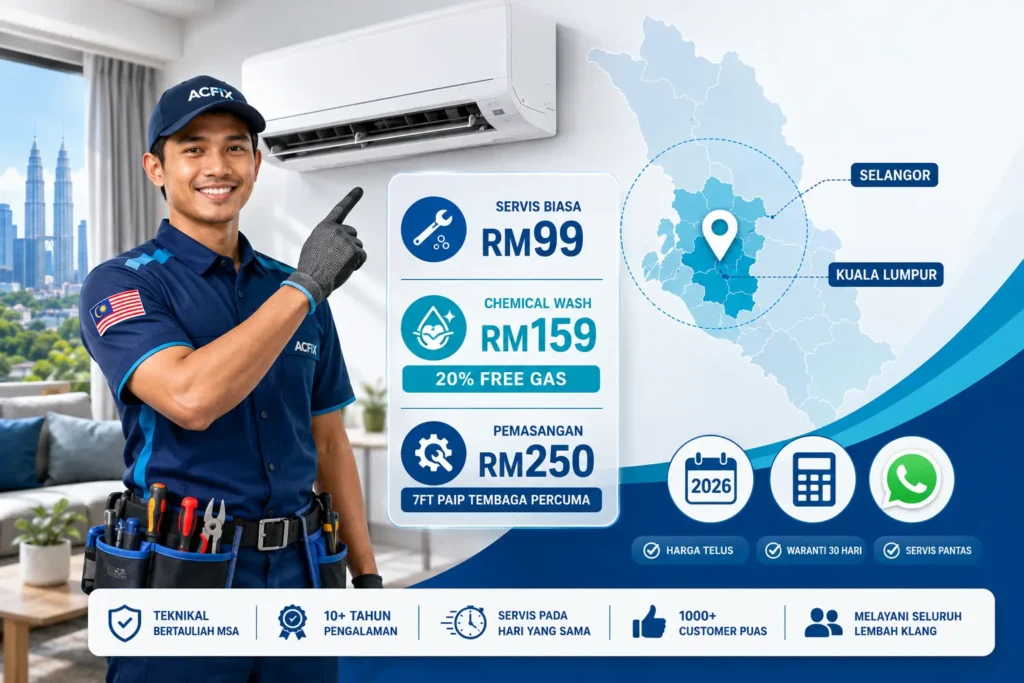 harga servis aircond rumah 2026 – jadual harga dari RM99 hingga RM359 dengan 20% gas percuma
