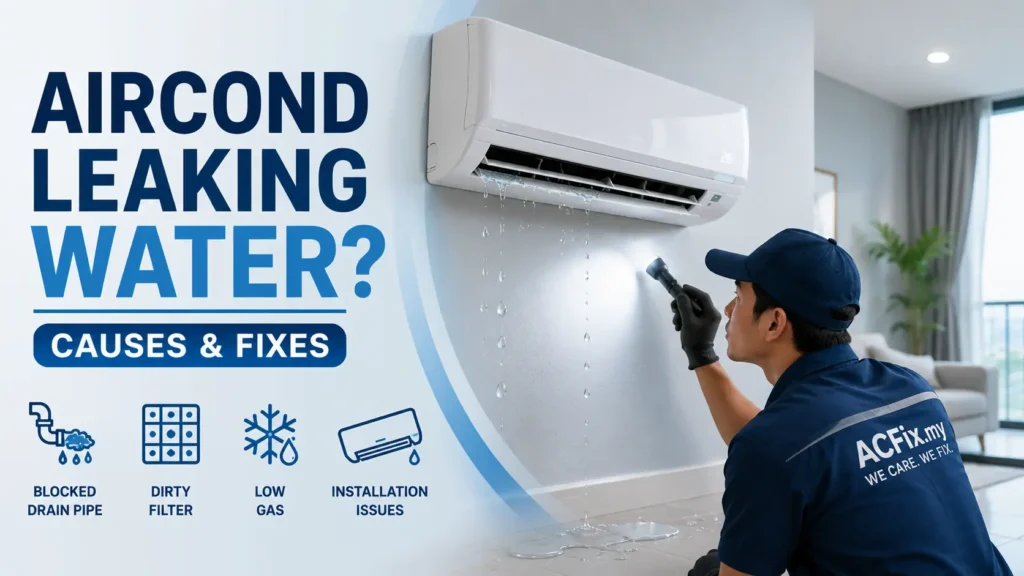 Aircond leaking water from indoor unit in a home due to a blocked drain pipe, one of the most common causes of air conditioner water leaks in Malaysia.