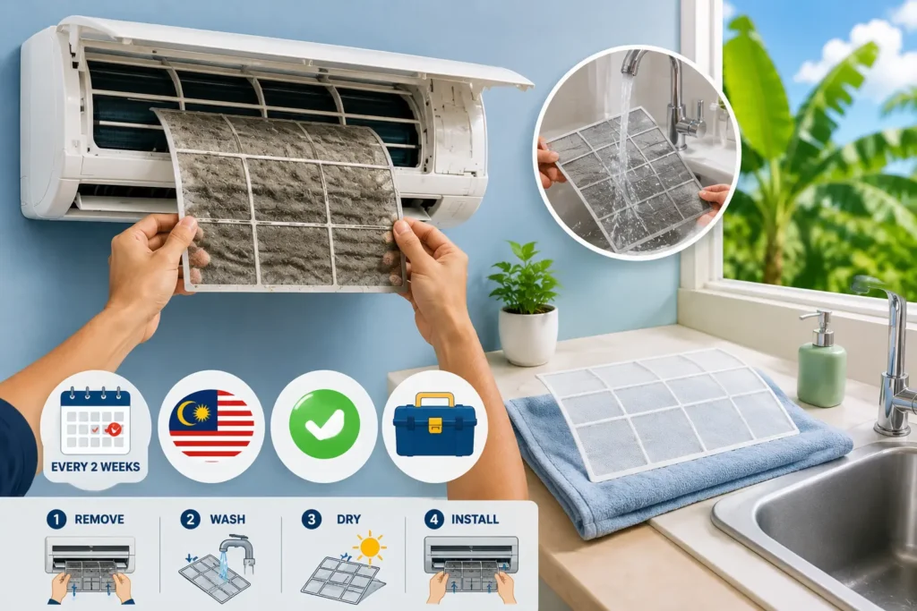 Servis aircond sendiri di Malaysia – cuci filter aircond, bilas, kering, dan pasang semula.