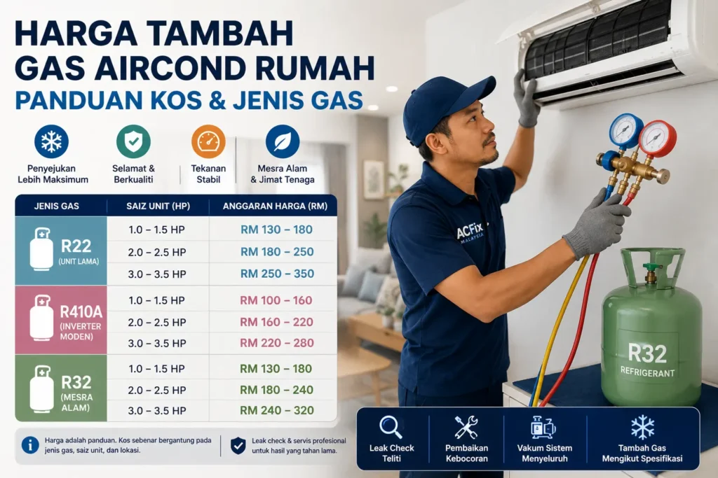 Harga tambah gas aircond rumah dengan panduan kos servis gas R32 R410A dan R22 oleh teknisyen aircond profesional