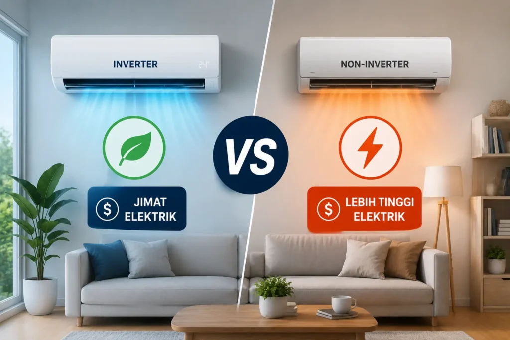 Inverter vs non-inverter aircond comparison showing energy saving and electricity usage difference