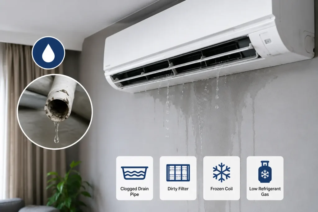 Aircond leaking water in a Malaysian home showing a wall-mounted air conditioner dripping due to a blocked drain pipe with common causes of water leaks.