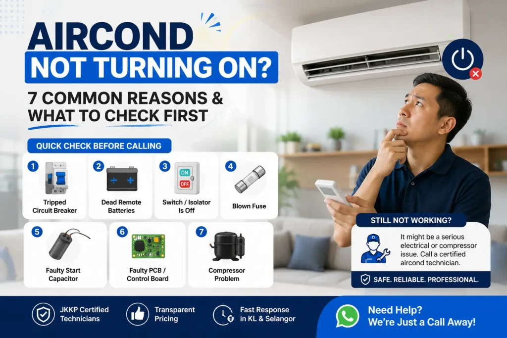 Aircond not turning on in Malaysia showing 7 common reasons and troubleshooting guide.