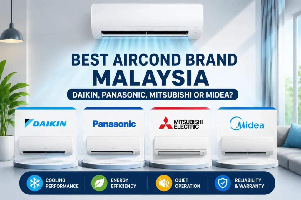 Best Aircond Brand Malaysia 2026 comparison of Daikin, Panasonic, Mitsubishi Electric and Midea air conditioners