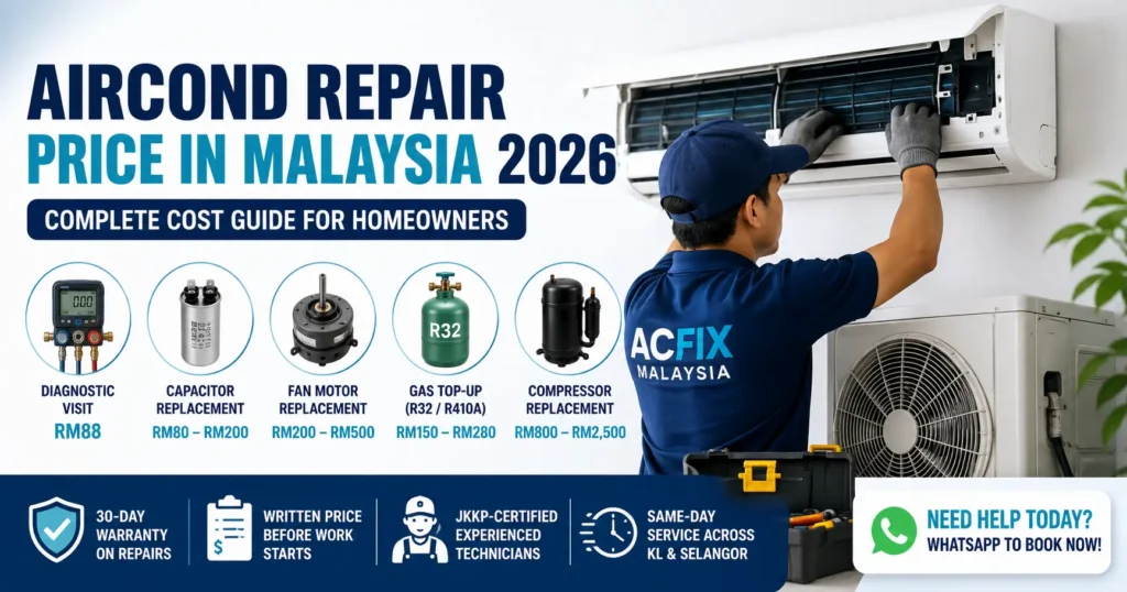 Aircond repair cost Malaysia 2026 with technician servicing a wall-mounted air conditioner